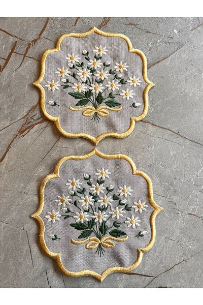 Nakışkonsept Daisy Model Embroidered Tray Cover and Cocktail 6-Piece Coffee Presentation Napkins