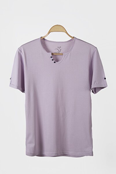 VERDONE Erkek Lila Armut Yaka Düğme Detaylı T-shirt