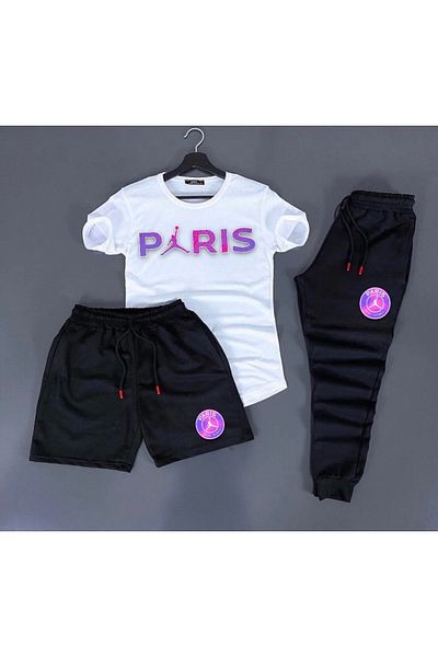 NewCabin New Season Paris Printed Trend 3-Piece T-Shirt-Sweatpants-Shorts Slim Fit Set Bottom Top