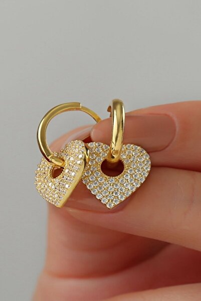 Silvano Jewelry 925 Ayar Gümüş Kalp Detaylı Taşlı Küpe (gold)