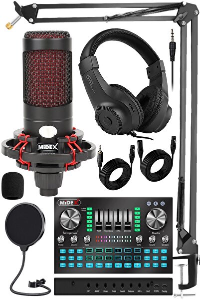 Midex Cxn-30 Paket-12 Vs20 Ses Kartlı Condenser Mikrofon Stand Kulaklık Seti