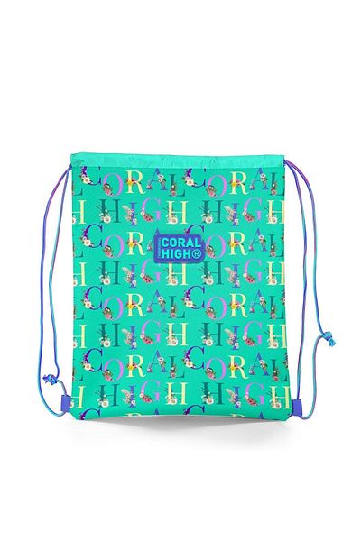 Coral High Kids Water Green Light Pink Monogram Patterned Drawstring Drawstring Backpack 22668