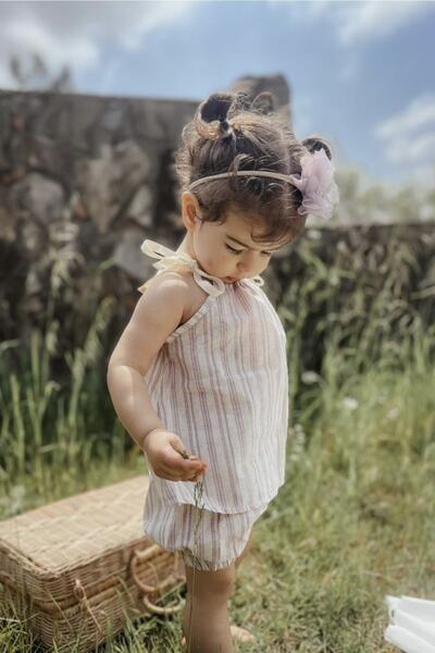 Blanie KİDS Askılı Vintage Çizgili Keten Kız Takım
