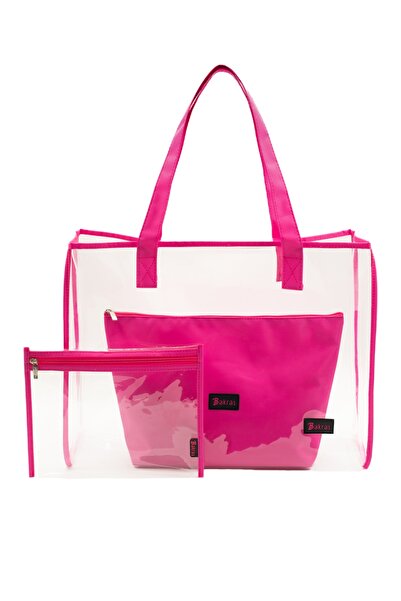 Bakras Set of 3 Large Size Transparent Beach Bags - Transparent/pink