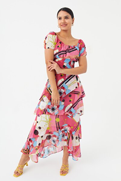 Hanna's by Hanna Darsa Kadın Pembe Düşük Omuzlu Lastik Detaylı Dokuma Crop Bl...