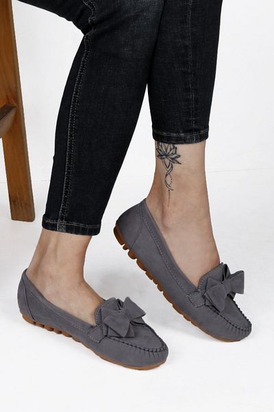 RENKLİBUTİK Gray Velvet Women's Ballerinas