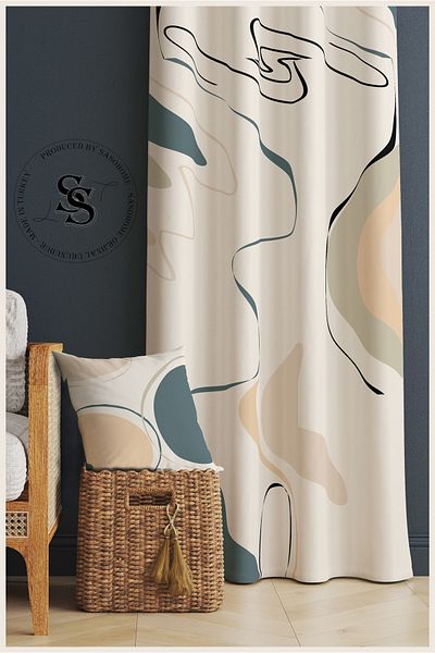SasoHome Modern Crem - Turcoaz Linii suprareale Catifea 140 X 270 Cm Calitate - Perdeau de fundal imprimat digital
