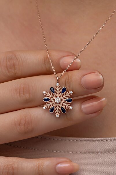 Nereze 925 Ayar Gümüş Rose Kaplama Mavi Taşlı Kartanesi Kolye