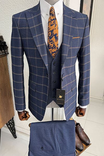 NAZEF Slim-Fit Plaid Pointed Collar Men's Suit with Vest (Shirt Included)