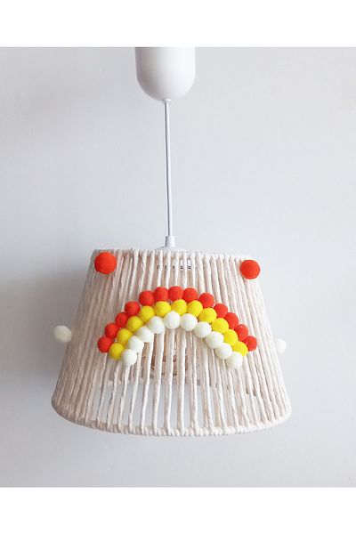 C&A&B KUZEY AVİZE Ecru Macrame String Wrap Orange-yellow-ecru Pompom Rainbow Applique Baby Girl and Children's Room Chandelier