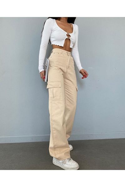 Pubi Omoda Beige ψηλόμεσο Palazzo Cargo Pocket Jeans - Γυναικείες μπότες με φαρδύ πόδι