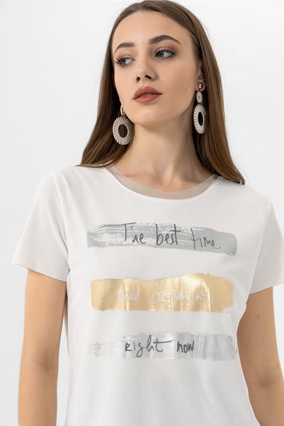 EtkiModa Tricou din crepon cu decolteu alb cu imprimeu alb pentru femei