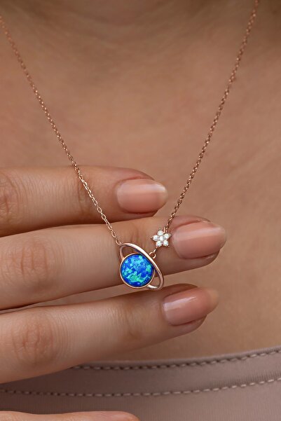 Nereze 925 Ayar Gümüş Rose Kaplama Mavi Opal Taşlı Gezegen Kolye