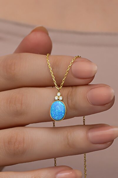 Nereze 925 Ayar Gümüş Gold Kaplama Oval Mavi Opal Taşlı Kolye