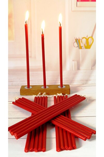 Petekoğlu (20 Adet Kırmızı) Balmumu Mum Ve Ahşap Mumluk Dilek Mumu Doğal Petek Ince Uzun Parti Nişan Tören