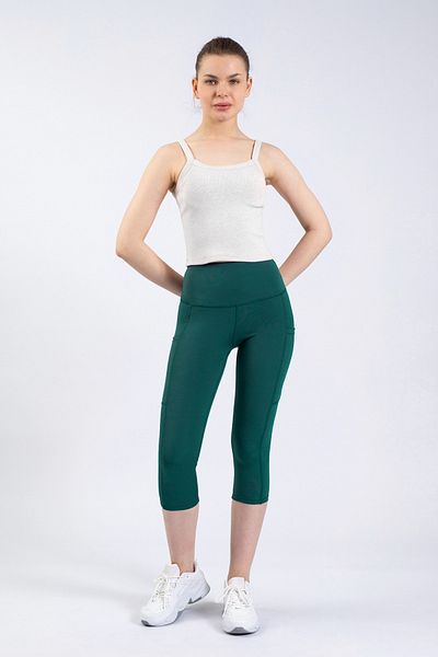 The Step Sports Colanți Snc pentru femei, verde petrol, cu buzunar, cu talie înaltă, colanți yoga Capri 19&quot;