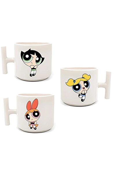Öz Kupa Powerpuff Girls Baskılı 3'lü El Yapımı T Kulplu Fincan
