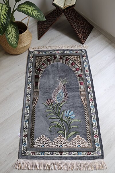 Bilenler Lale Desenli Astarlı Lüks Seccade S1002 Gri