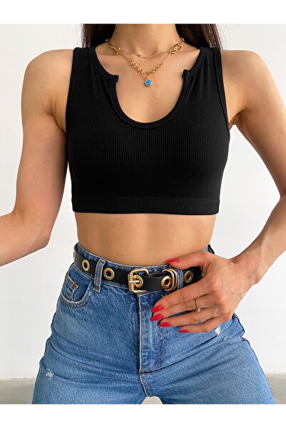 laughs Women's Black V-Neck Thick Strap Collar Detailed Six Elastic Camisole Crop Blouse Blz8832