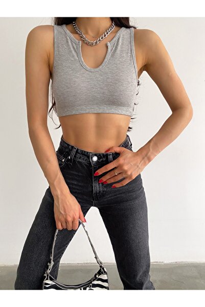 laughs Women's Gray V-Neck Thick Strap Collar Detailed Six Elastic Camisole Crop Blouse Blz8832