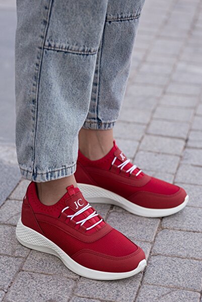BOUIS Kadın Kırmızı Casual Bağcıklı Kalın Taban Yumuşak Lastikli Konforlu Sneaker Yürüyüş Ayakkabısı