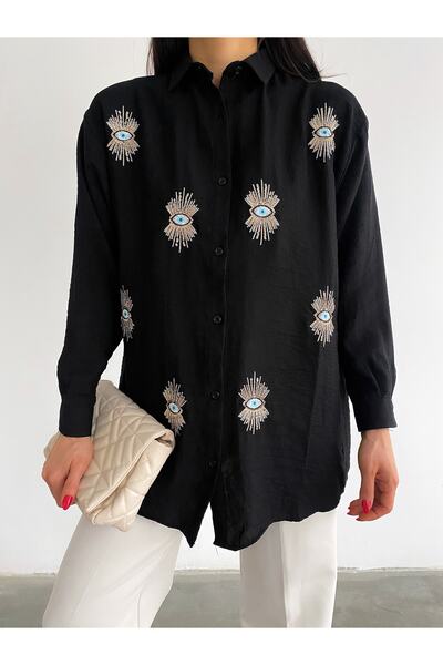 laughs Γυναικείο μαύρο μακρυμάνικο πουκάμισο με κέντημα με μάτια, φαρδιά κοπή, υπερμεγέθη από ύφασμα Aerobin De7788