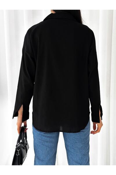 laughs Women's Black Scalloped Long Sleeve Linen Look Shirt De3210