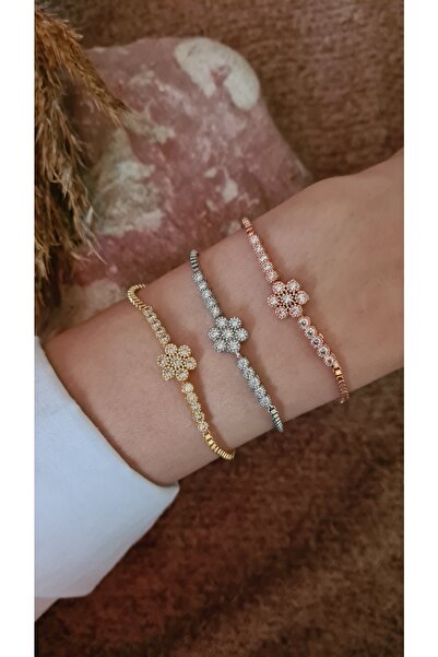 Polo Air Zirkon Taşlı Ayarlanabilir Kadın Çiçek Bileklik Kombin Bakır Gümüş S...