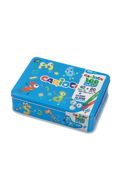 CARIOCA 100 Color Kit Süper Yıkanabilir Keçeli Kalem Seti 100'lü Boyama Kitabı Ve Mavi Metal Kalem K