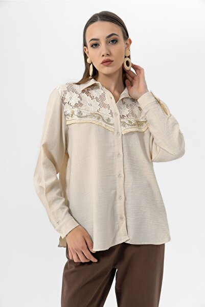 EtkiModa Γυναικείο λινό πουκάμισο από τούλι με κέντημα στο στήθος