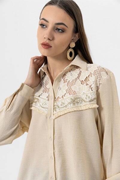 EtkiModa Γυναικείο λινό πουκάμισο από τούλι με κέντημα στο στήθος