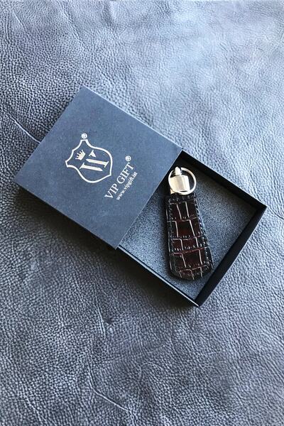 ViP GiFT سلسلة مفاتيح كانوني من الجلد الطبيعي بطبعة كروكو باللون العنابي