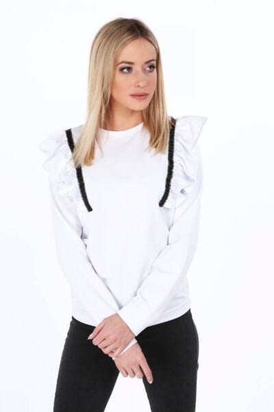 fasardi Kadın Beyaz Şerit Detaylı Fırfırlı Sweatshirt 2070