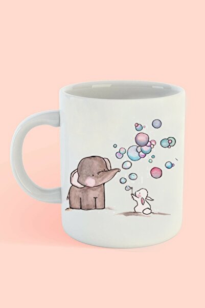 vinyuup كوب سيراميك مطبوع عليه فيل وأرنب