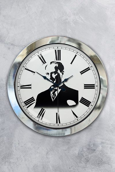 Kasva Concept Gift 36 cm Chrome Metal Ataturk Wall Clock