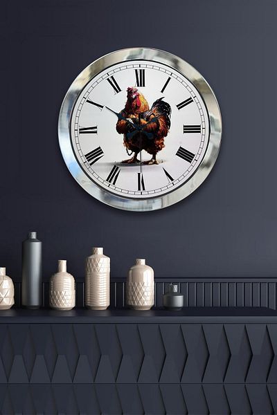 Kasva Concept Gift 36 cm Chrome Metal Rooster Roman Numeral Wall Clock