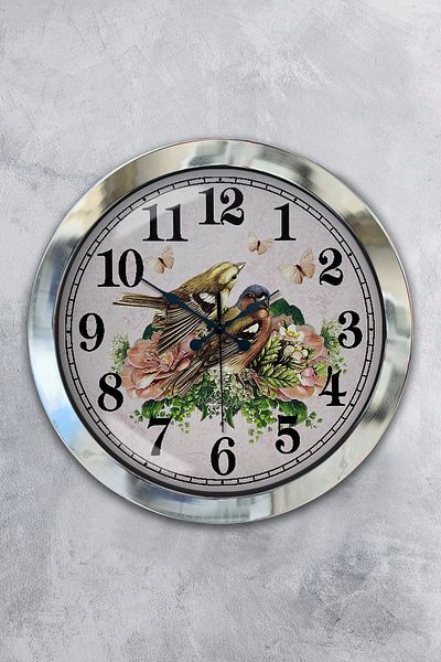 Kasva Concept Gift 36 Cm Chrome Metal Birds Wall Clock