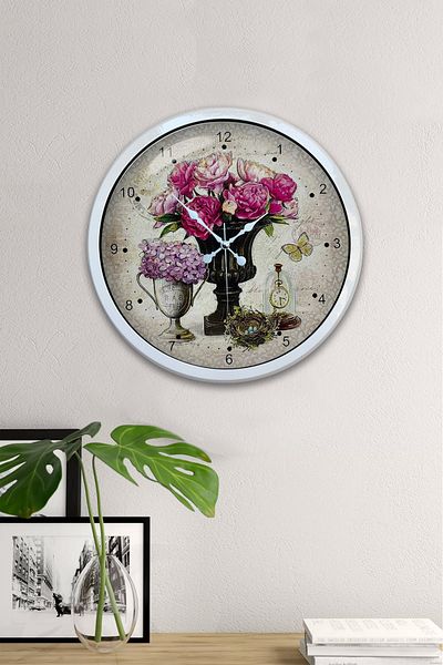 Kasva Concept Gift 40 cm White Metal Pink Flower Wall Clock