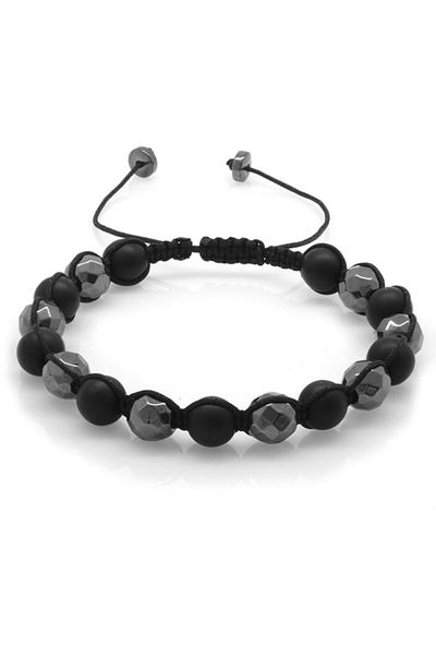 Tesbihane Macrame Braided Globe Cut Onyx-facetated Hematite Combination Natural Stone Bracelet