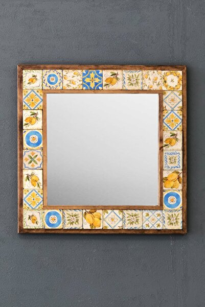 Oscar Stone Decor Masif Çerçeveli Mozaik Taş Ayna 43 Cm X 43 Cm (lemon-limon-...