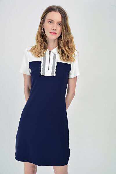 Hanna's by Hanna Darsa Women's Navy Blue White Shirt Collar Front Zipper and Rib Detailed Tight Dress Hn1415
