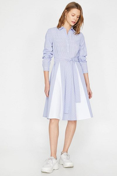 Koton Women's Blue Classic Collar Long Sleeve Tie Waist Midi Dress 9YAK86249IW