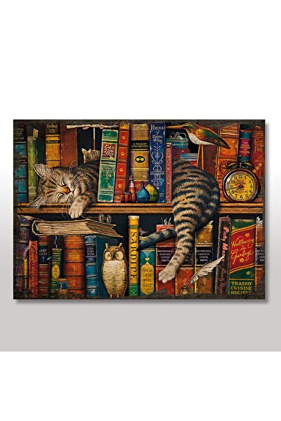 Cakatablo 35cmX50cm Ahşap Tablo Kitaplık Baykuş Kedi Görseli