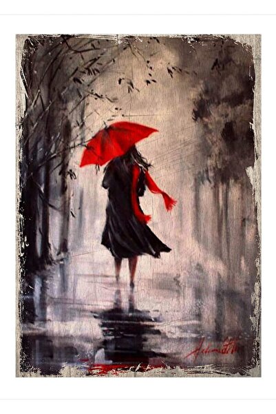 Cakatablo 50cmX70cm Ahşap Tablo Kırmızı Şemsiyeli Kız