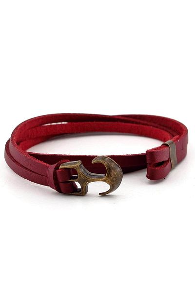 Solfera Men's Claret Red Original Real Leather Anchor Bracelet BT494