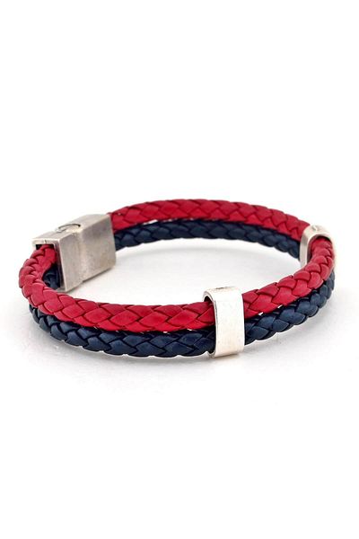 Solfera Men's Red Navy Blue Leather Double Row Bracelet Bt527