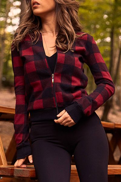 XHAN Damen-Bomberjacke mit Karomuster in Weinrot 9yxk4-41654-05