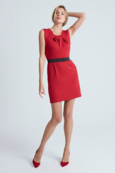 Hanna's by Hanna Darsa Kadın Kırmızı Kolsuz Fiyonk Detaylı Dar Örme Elbise Hn...