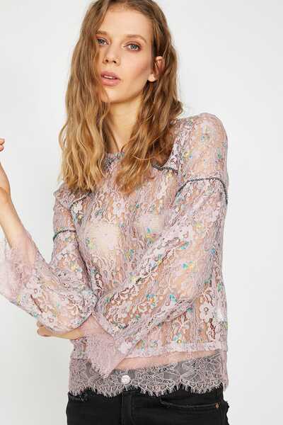 Koton Women's Pink Crew Neck Long Sleeve Lace Detailed T-Shirt 9YAF10509GK