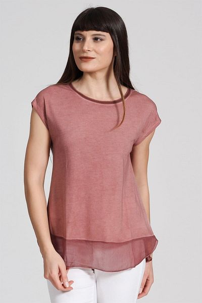 Seamoda Tricou pentru femei din șifon cu vârf de fustă spălat cu ulei - Tigla deschisă PRA- 236849 - 326973